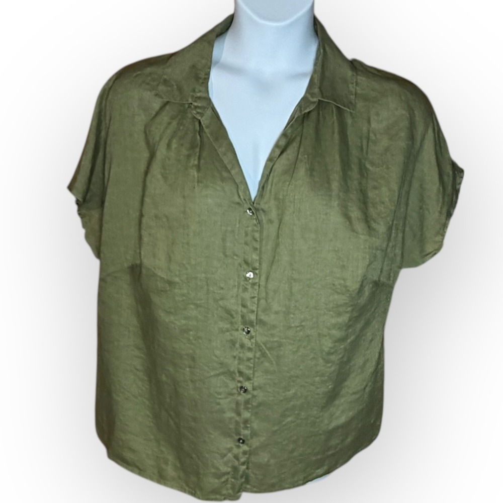 J. Jill Olive Green 100% Linen Button Down Shirt Womens 2X Resort Lagenlook Vaca